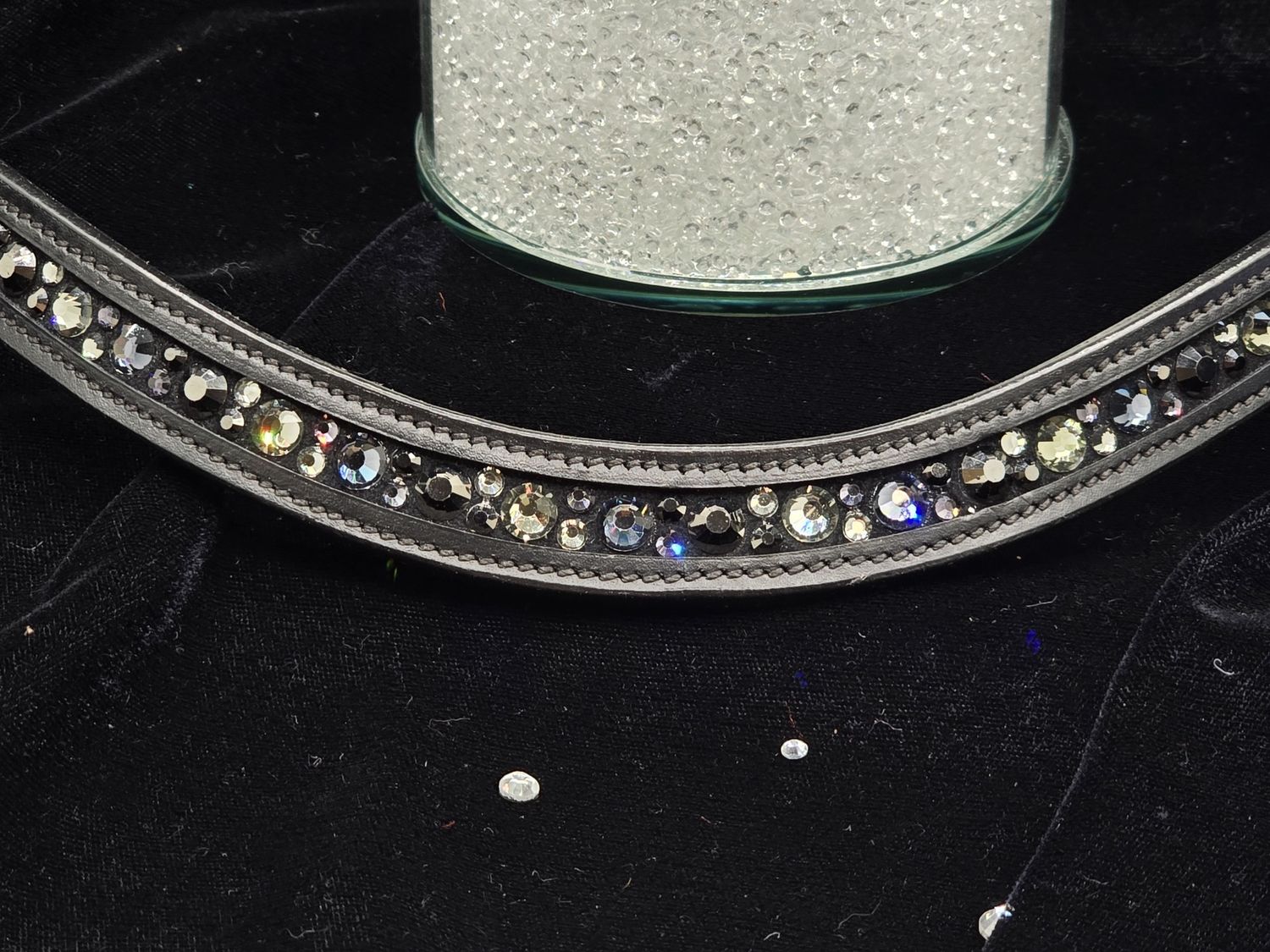 Black Diamond, Graphite and Hermatite Chanel Set Hot Fix “NO SNAG-Secure Stitch” Glass Crystal - Easy On/Off Crystal Rivet Button Closure BLACK Leather Browband
