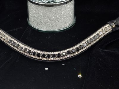 Jet Black, Black Diamond, Velvet and Clear Crystal 3 Row Ombre 40ss PRECIOSA Glass Crystal - Easy On/Off Crystal Rivet Button Closure Black Leather Browband