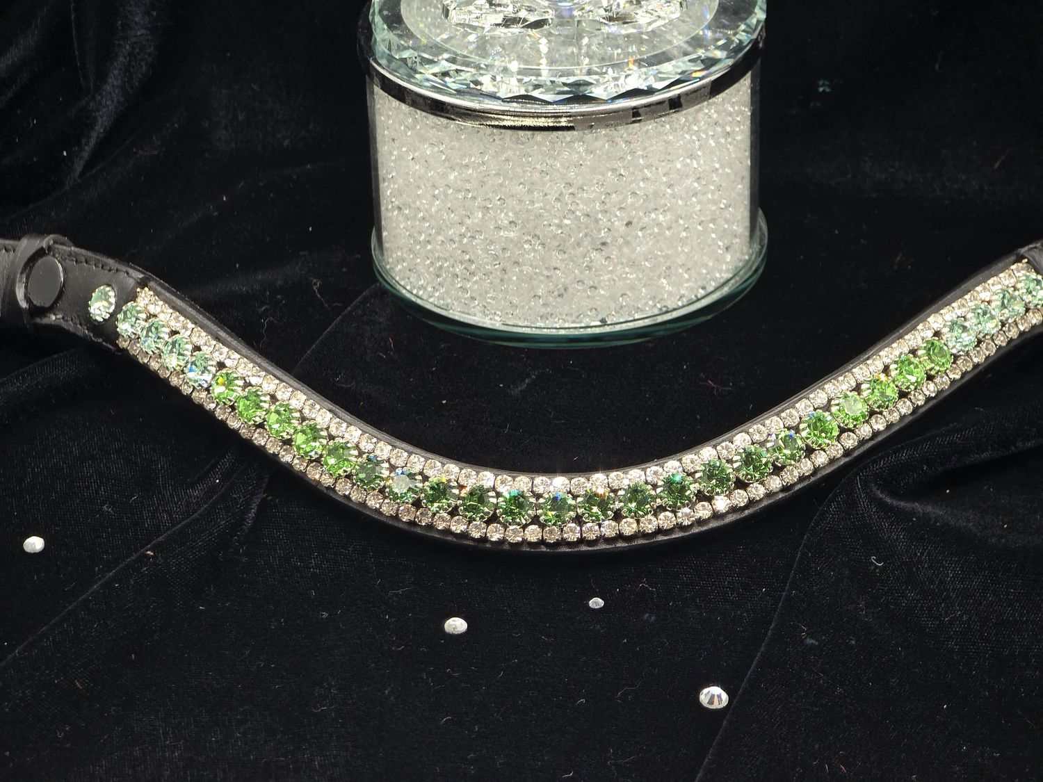 Ernite, Peridot, Chysolite and Clear 3 Row 40SS (center) PRECIOSA Glass Crystal - Easy On/Off Crystal Rivet Button Closure BLACK or BROWN Leather Browband