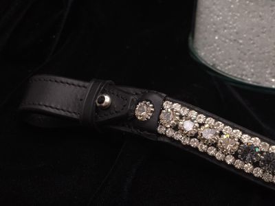 Jet Black, Black Diamond, Velvet and Clear Crystal 3 Row Ombre 40ss PRECIOSA Glass Crystal - Easy On/Off Crystal Rivet Button Closure Black Leather Browband