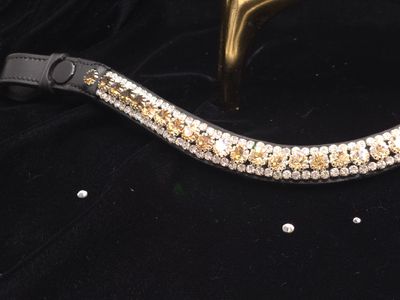 V2-Golden Honey, Lt Colorado Topaz, Smoked Topaz 3 Row 40SS (center) PRECIOSA Glass Crystal - Easy On/Off Snap BLACK  or BROWN Leather Browband