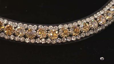 V2-Golden Honey, Lt Colorado Topaz, Smoked Topaz 3 Row 40SS (center) PRECIOSA Glass Crystal - Easy On/Off Snap BLACK  or BROWN Leather Browband