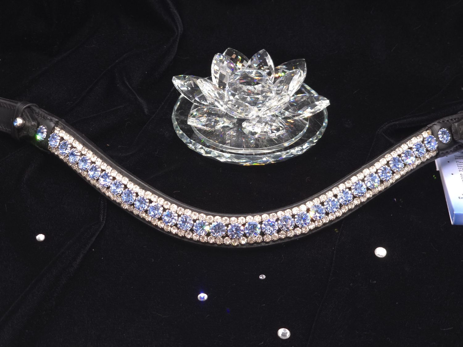 V2-Lt. Sapphire and Clear3 Row 40ss (center) PRECIOSA Glass Crystal Easy BLUE Crystal Rivet On/Off – BLACK or BROWN Leather Browband