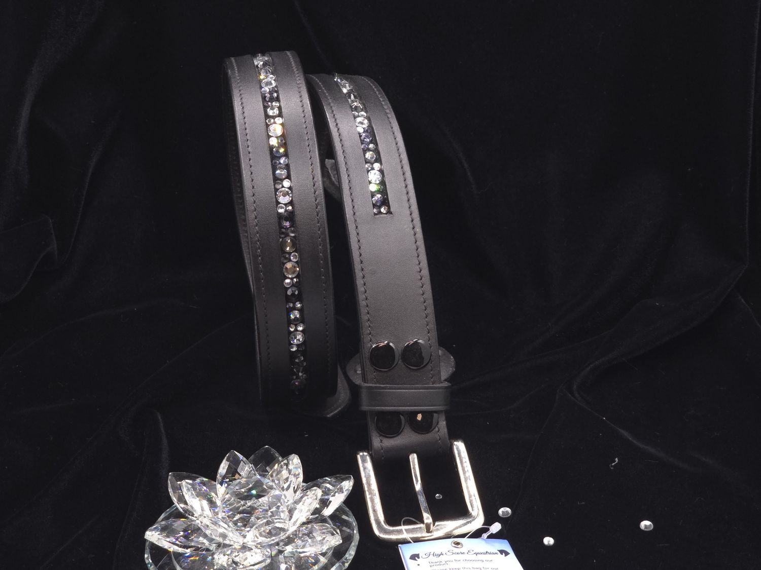 Black Diamond, Graphite and Clear Crystal Hot Fix “NO SNAG” Glass Crystal Crystal - Easy On/Off Snap Buckle BLACK Leather Belt