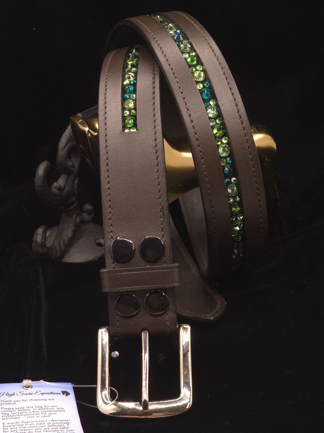 Emerald, Ernite, Turmaline and Fern Green Hot Fix “NO SNAG” Glass Crystal - Easy On/Off Snap BROWN Leather Belt
