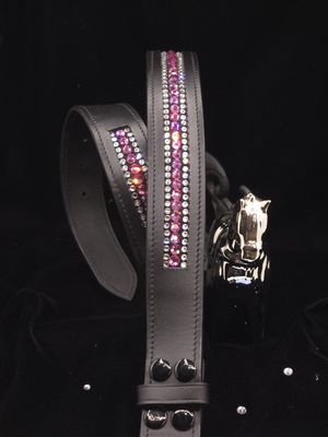PINK (Rose) and Clear 3 Row Hot Fix “NO SNAG” Glass Crystal - Easy On/Off Snap BLACK Leather Belt