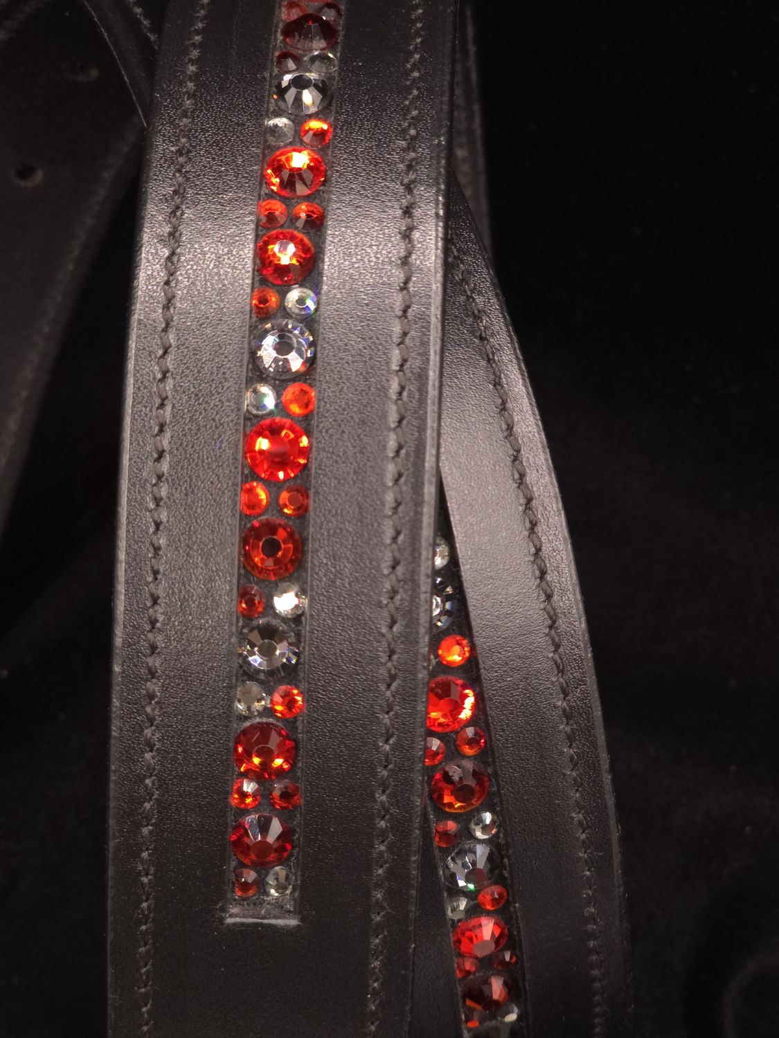 Siam,  Red Velvet (Red) and Black Diamond - Mix Pattern “NO SNAG” Hot Fix Glass Crystal – High Quality BLACK Leather Belt - “EASY SWITCH” Snap On/Off Buckle