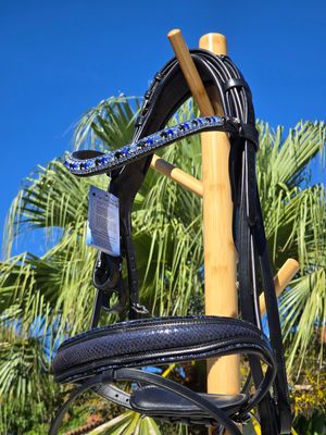 Single/Double BLACK Italian and Calfskin All Leather BRIDLE  with Sapphire Blues and Black Crystal Browband with Accent Blue Leather and Crystal Chip Piping Noseband
