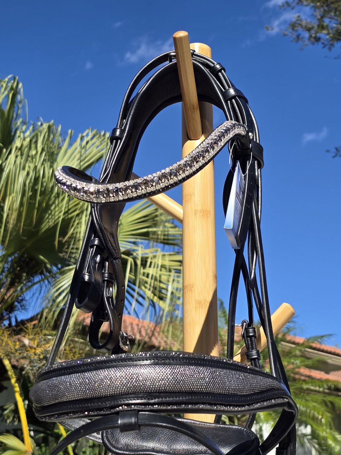 Single/Double BLACK Italian and Calfskin All Leather BRIDLE with Black Diamond, Nightfall and Clear Crystal Browband with Accent Silver and Black Leather and Crystal Chip Piping Noseband