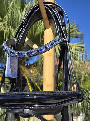 Single/Double BLACK Italian and Calfskin All Leather BRIDLE with Sapphire Blue and Black Crystal Browband with Accent Black Patent Leather and Black and Blue Crystal Chip Piping Noseband
