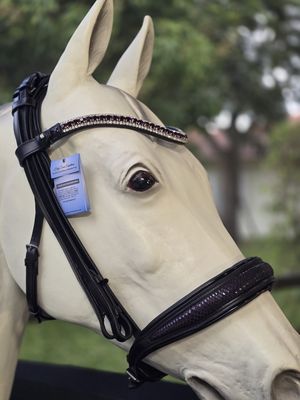 Single/Double BLACK Italian and Calfskin All Leather BRIDLE with Amethyst and Clear Crystal Browband with Accent Amethyst Leather and Clear Crystal Chip Piping Noseband