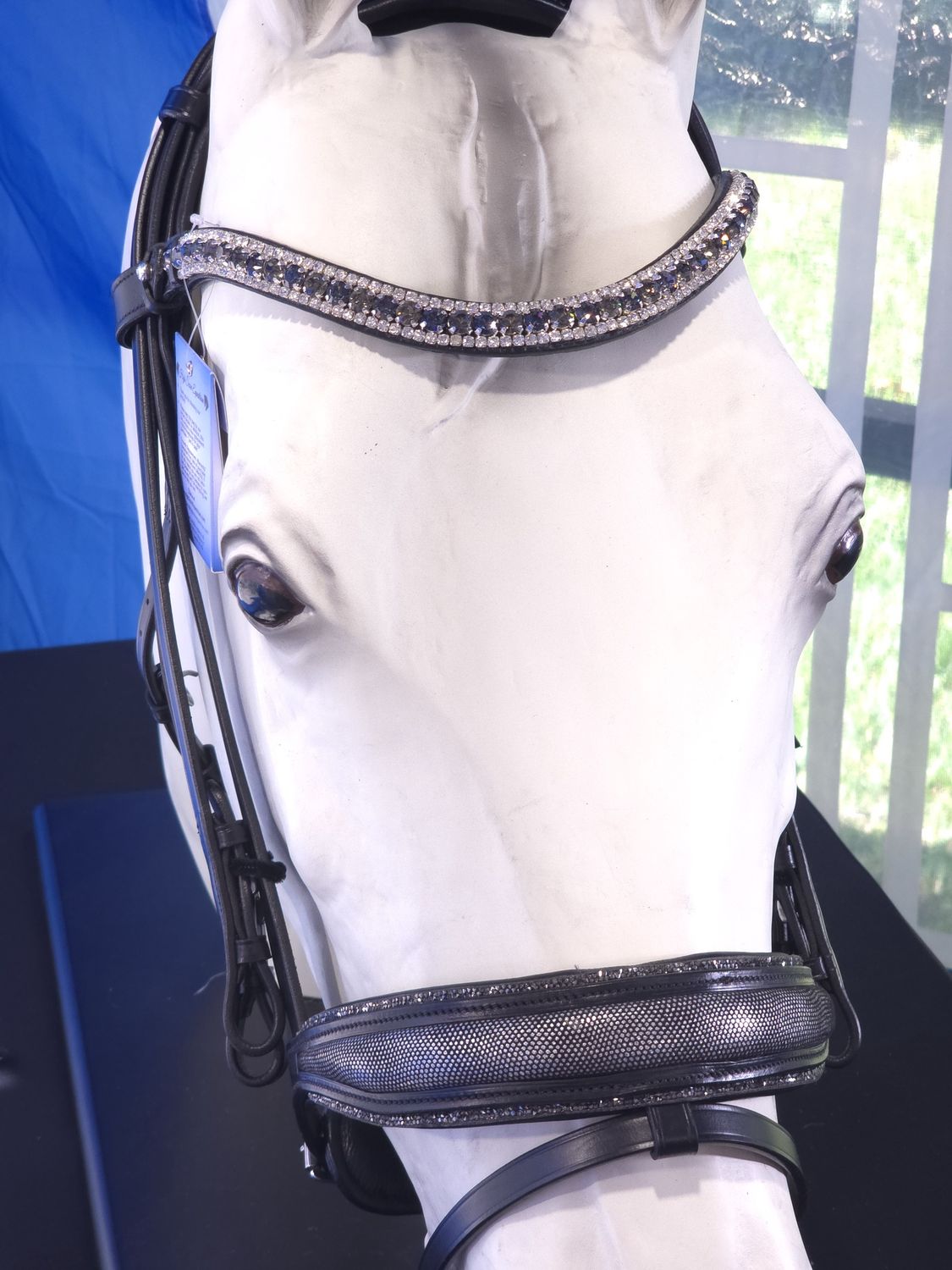 Single/Double BLACK Italian and Calfskin All Leather BRIDLE with Black Diamond, Nightfall and Clear Crystal Browband with Accent Grey Silver Swirl Leather and Silver-Taupe Piping Noseband