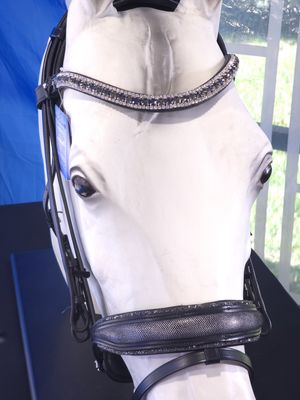 Single/Double BLACK Italian and Calfskin All Leather BRIDLE with Black Diamond, Nightfall and Clear Crystal Browband with Accent Grey Silver Swirl Leather and Silver-Taupe Piping Noseband