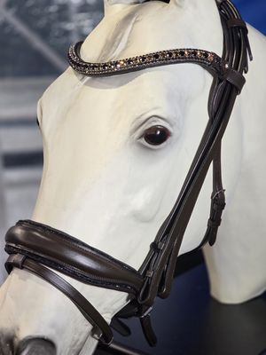 Single/Double BROWN Italian and Calfskin All Leather BRIDLE with Jet Black and Smoked Topaz Crystal Browband with an Matching Brown Leather Center with Black Crystal Chip Piping Noseband