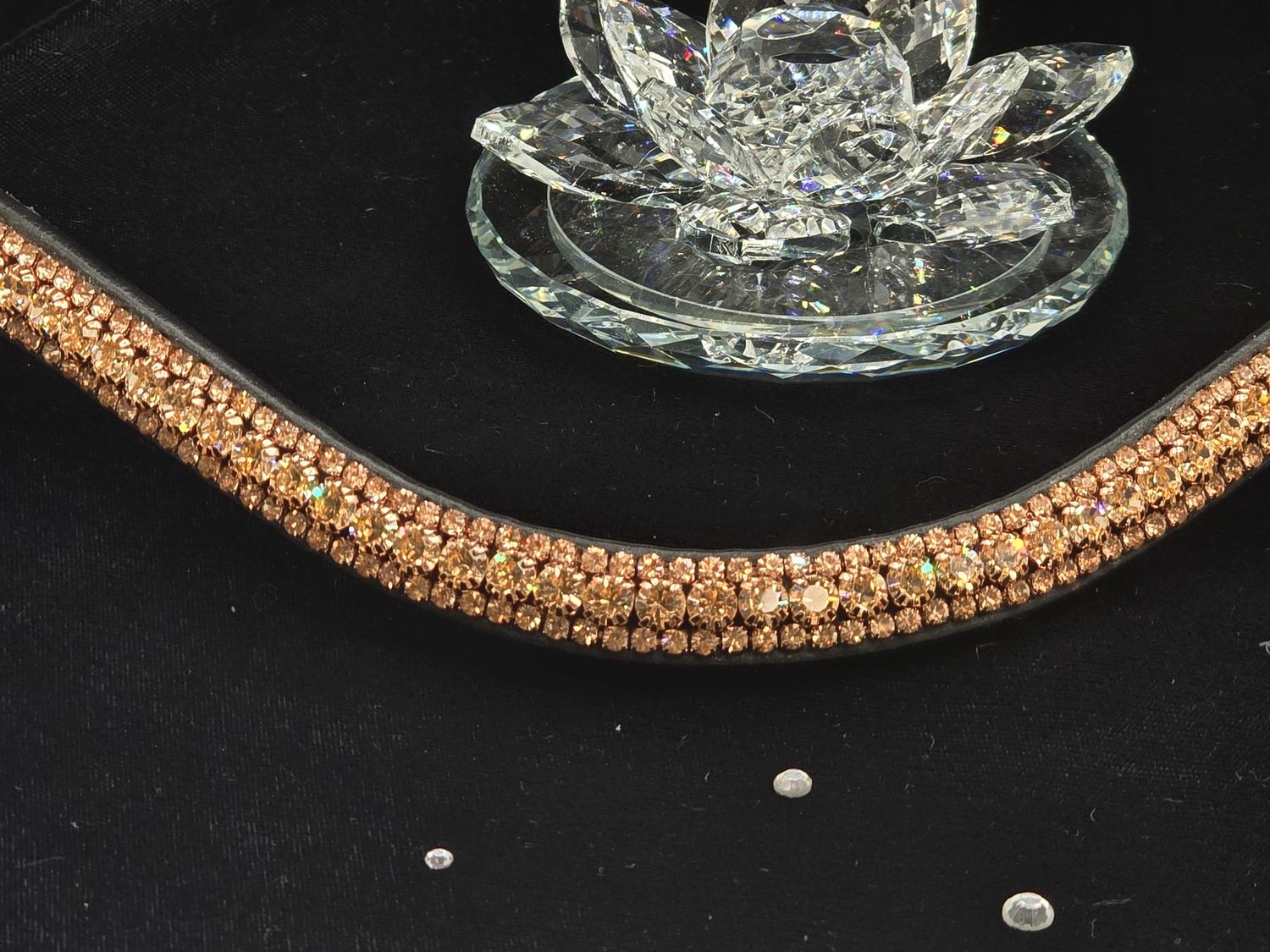 Rose Gold -Apricot  - 3 Row PRECIOSA Glass Crystal Easy Snap On/Off – BLACK or BROWN Leather Browband