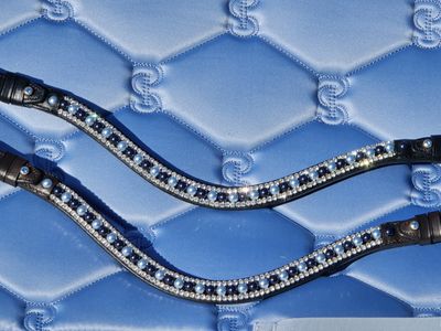 Lt. Blue, Dark Lapis Pearls and Clear Glass Crystal 3 Row PRECIOSA -Easy On/Off Crystal Rivet Button Closure BLACK or BROWN Leather Browband
