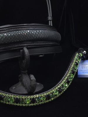 Single/Double BLACK Italian and Calfskin All Leather BRIDLE Green Shamrock, Ernite, and Jet Black Crystal Browband with a Matching Simmering Green Leather Center with Black Patent Piping Noseband