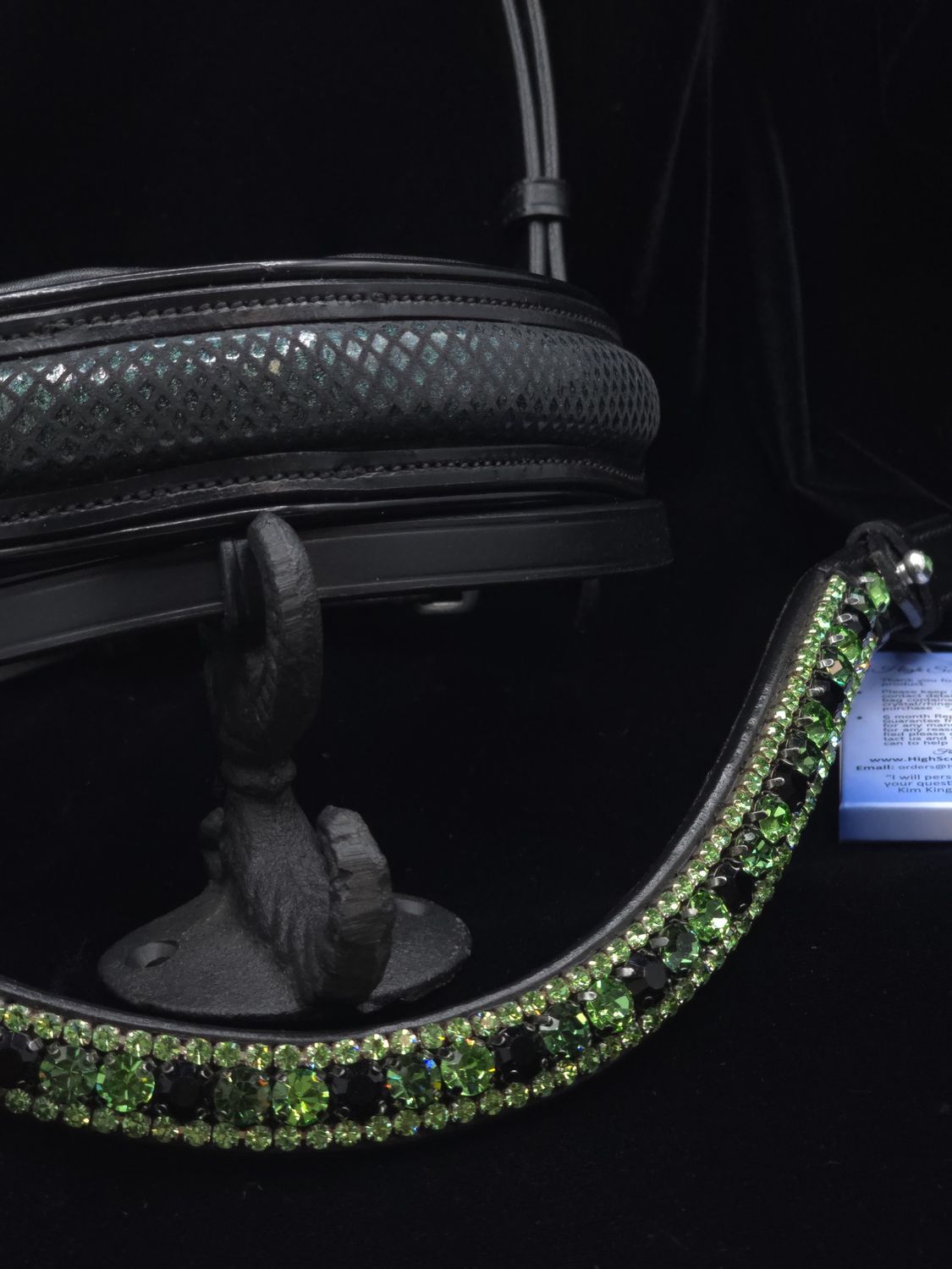 Single/Double BLACK Italian and Calfskin All Leather BRIDLE Green Shamrock, Ernite, and Jet Black Crystal Browband with a Matching Simmering Green Leather Center with Black Patent Piping Noseband