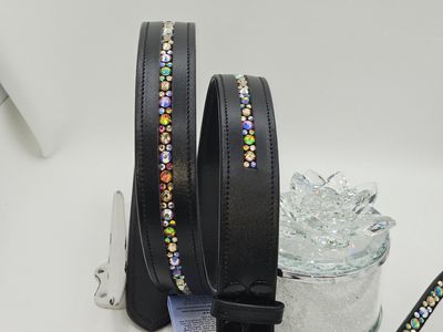 Every Color Imaginable 1 Row - Mix Pattern “NO SNAG” Glass Crystal – High Quality BLACK Leather Belt - “EASY SWITCH” Snap On/Off Buckle