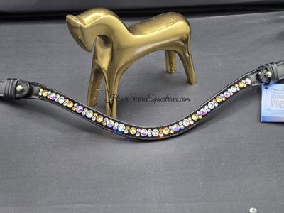 Lt Topaz, AB Iridescent AB Mix Hot Fix “NO SNAG” Glass Crystal - Easy On/Off Crystal Rivet Button Closure BLACK or BROWN Leather Browband