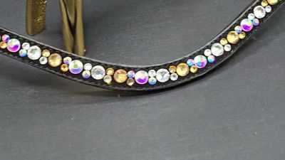 Lt Topaz, AB Iridescent AB Mix Hot Fix “NO SNAG Secure-Stitch"  Glass Crystal - Easy On/Off Crystal Rivet Button Closure BLACK or BROWN Leather Browband