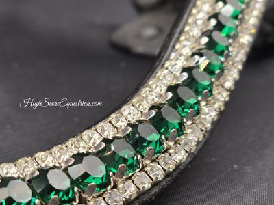 Emerald Green and Clear 3 Row 40SS (center) PRECIOSA Glass Crystal Easy Crystal Rivet Post On/Off – BLACK or BROWN Leather Browband