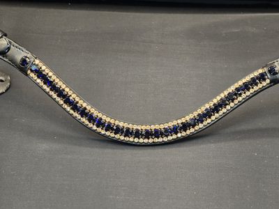 Med. U Shape Navy Blue and Rose Gold 3 Row 40SS (center) PRECIOSA Glass Crystal - Easy Snap On/Off BLACK or BROWN Leather Browband