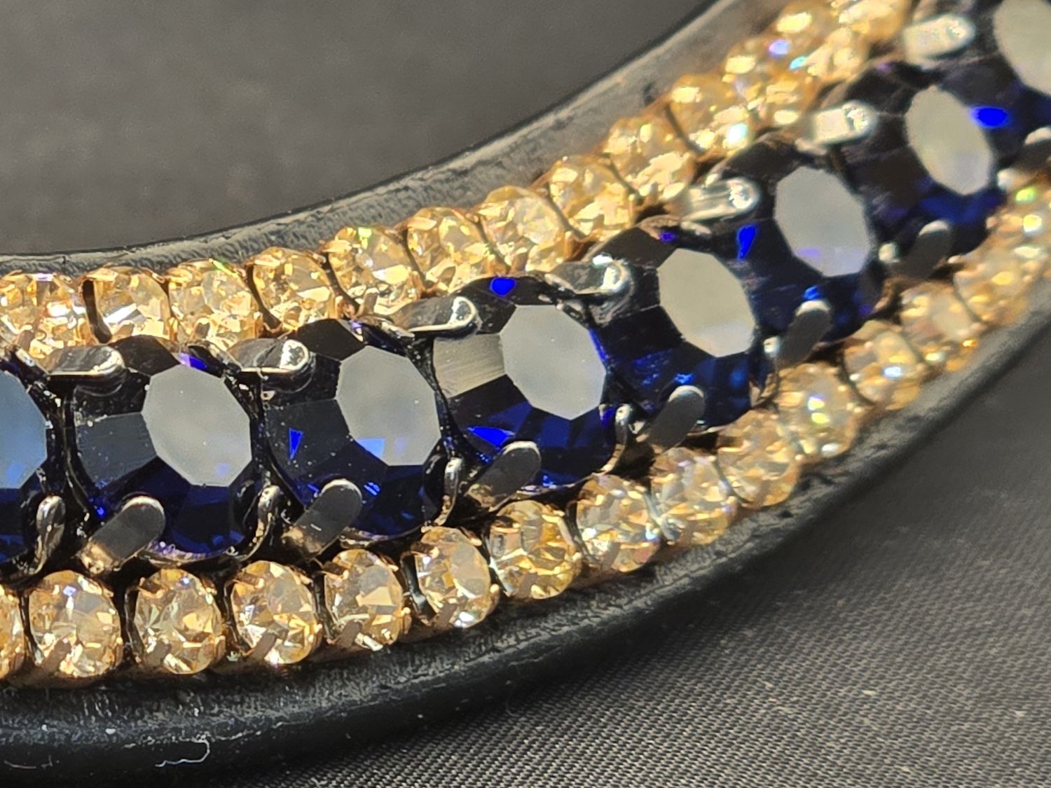 Navy Blue and Rose Gold 3 Row 40SS (center) PRECIOSA Glass Crystal - Easy Snap On/Off BLACK or BROWN Leather Browband