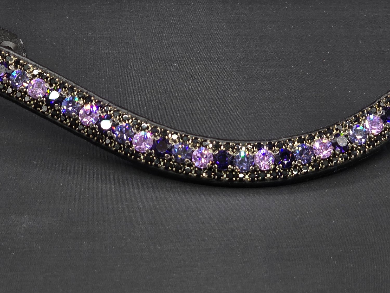 Deep Purple, Violet, Tanzanite, Jet Black 3 Row 40SS (center) PRECIOSA Glass Crystal - Easy On/Off Crystal Rivet Button Closure BLACK Leather Browband
