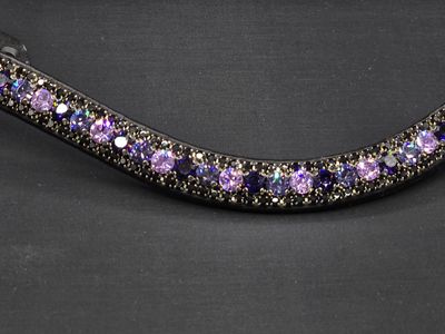 Deep Purple, Violet, Tanzanite, Jet Black 3 Row 40SS (center) PRECIOSA Glass Crystal - Easy On/Off Crystal Rivet Button Closure BLACK Leather Browband