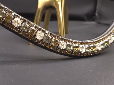 Topaz, Black Diamond, Lt Gold Quartz 3 Row 40SS (center) PRECIOSA Glass Crystal - Easy On/Off Crystal Rivet Button Closure BROWN Leather Browband