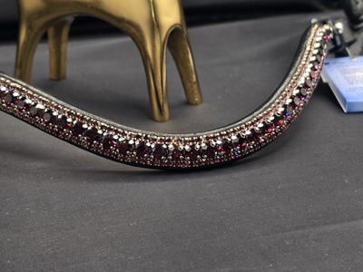 Amethyst 3 Row 40SS (center) PRECIOSA Glass Crystal - Easy On/Off Crystal Rivet Button Closure BLACK Leather Browband