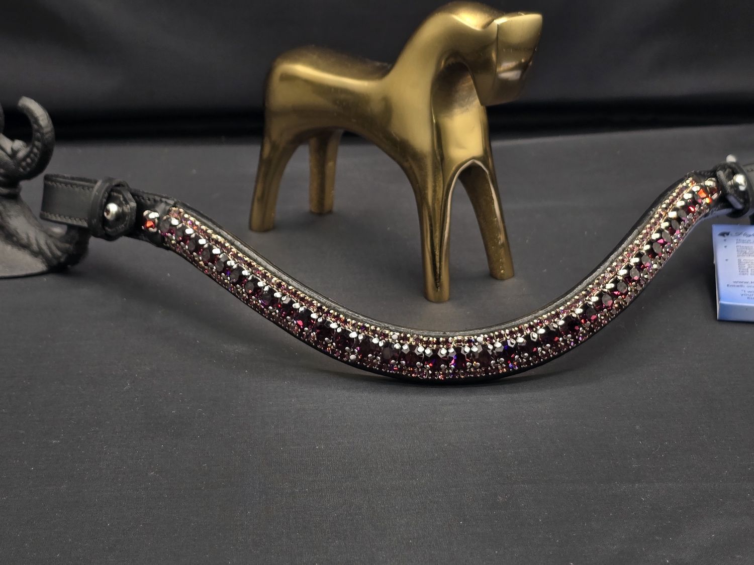 Amethyst 3 Row 40SS (center) PRECIOSA Glass Crystal - Easy On/Off Crystal Rivet Button Closure BLACK Leather Browband