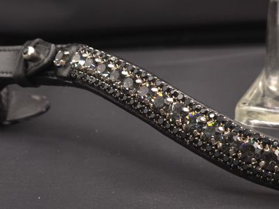 NightFall,  Jet Black 3 Row 40SS (center) PRECIOSA Glass Crystal - Easy On/Off Crystal Rivet Button Closure BLACK Leather Browband