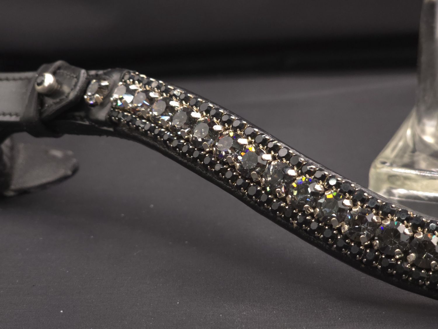 NightFall,  Jet Black 3 Row 40SS (center) PRECIOSA Glass Crystal - Easy On/Off Crystal Rivet Button Closure BLACK Leather Browband