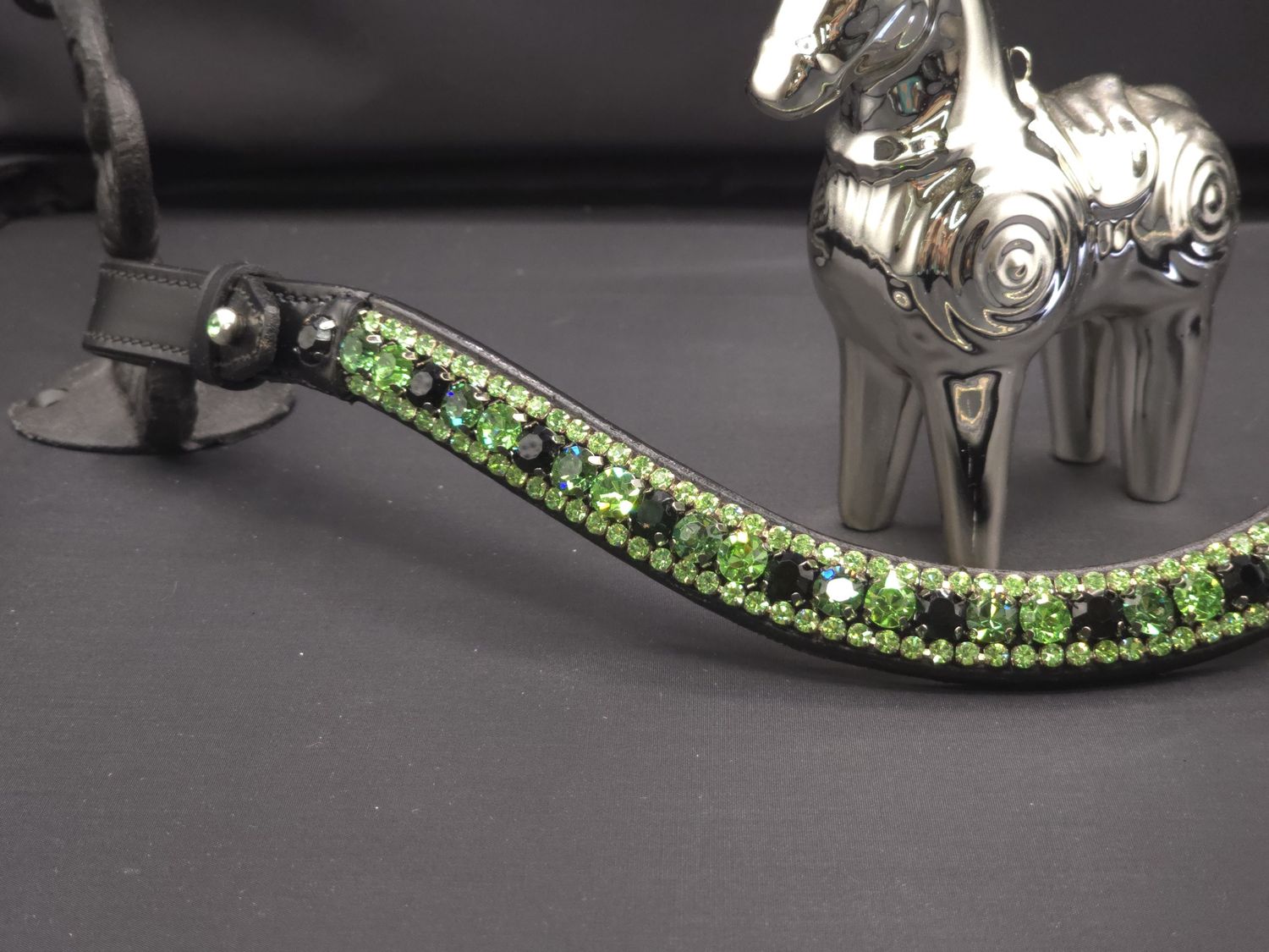 Green Shamrock, Ernite, Jet Black 3 Row 40SS (center) PRECIOSA Glass Crystal - Easy On/Off Crystal Rivet Button Closure BLACK or BROWN Leather Browband