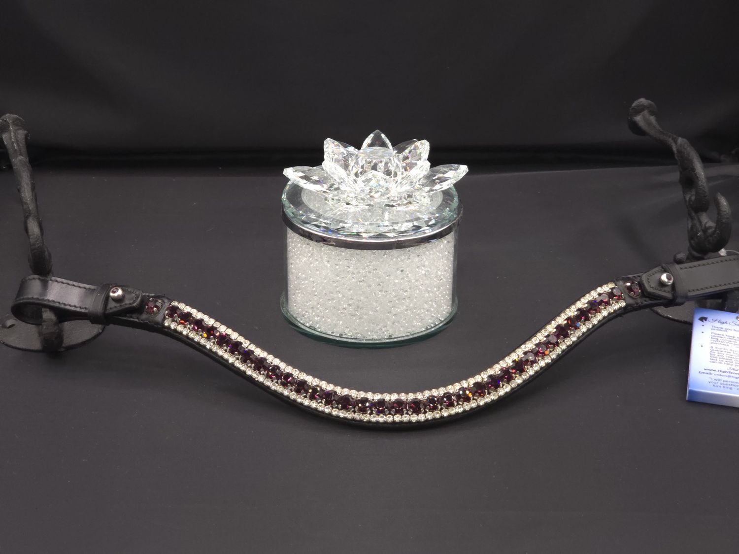 Amethyst,  Clear 3 Row 40SS (center) PRECIOSA Glass Crystal - Easy On/Off Crystal Rivet Button Closure BLACK Leather Browband