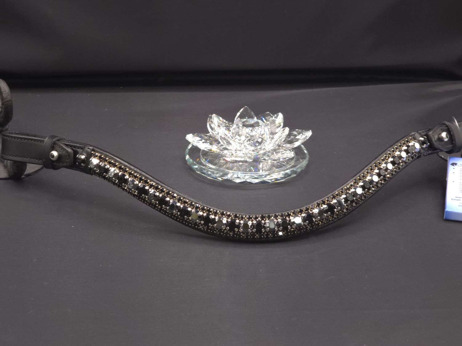 Hermatite, Jet Black 3 Row 40SS (center) PRECIOSA Glass Crystal - Easy On/Off Crystal Rivet Button Closure BLACK Leather Browband