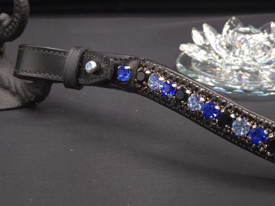 Sapphire, Lt. Sapp, Jet Black, Jet Blk Edges  3 Row 40SS (center) PRECIOSA Glass Crystal - Easy On/Off Crystal Rivet Button Closure BLACK Leather Browband
