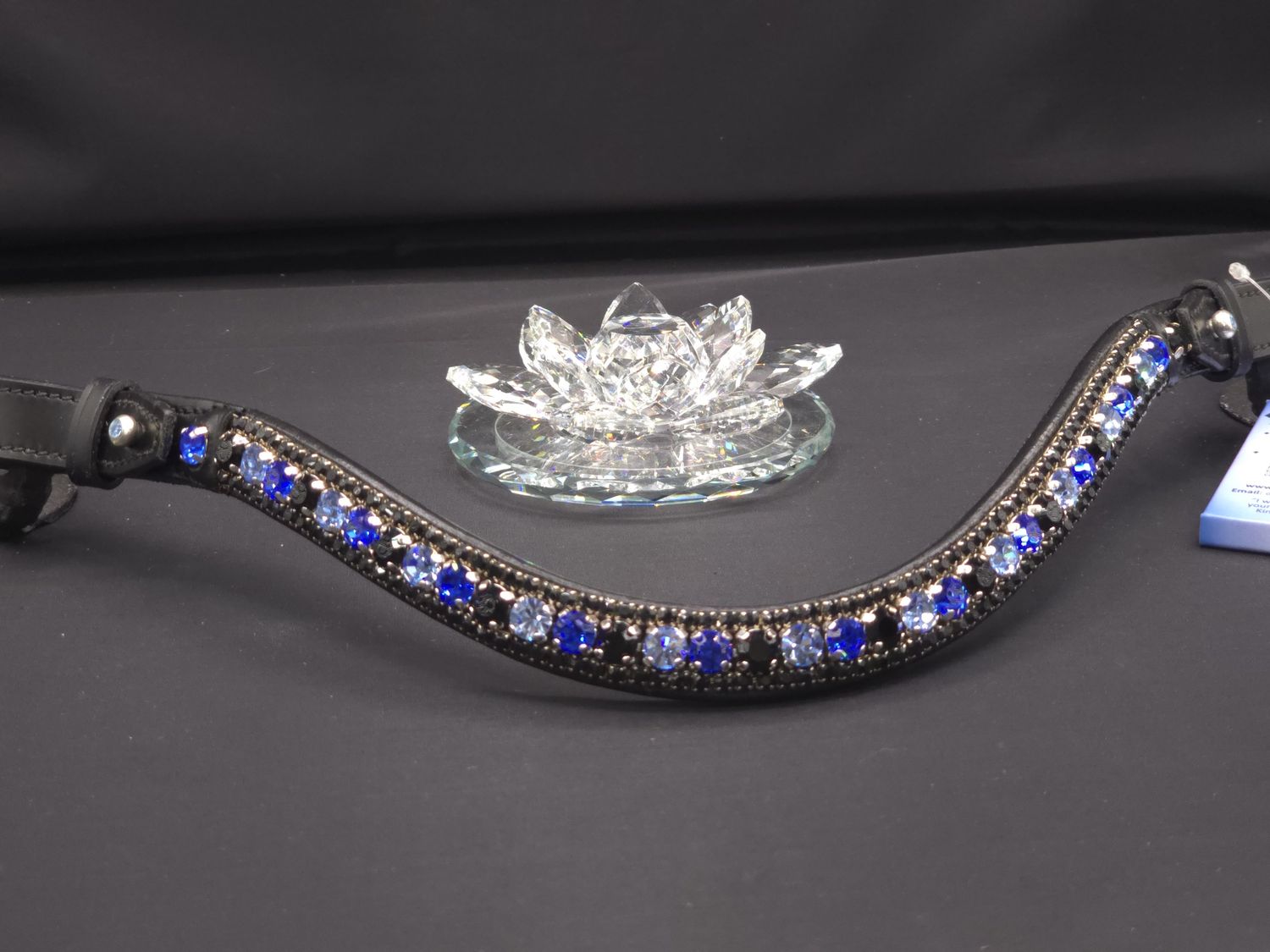 Sapphire, Lt. Sapp, Jet Black 3 Row 40SS (center) PRECIOSA Glass Crystal - Easy On/Off Crystal Rivet Button Closure BLACK Leather Browband