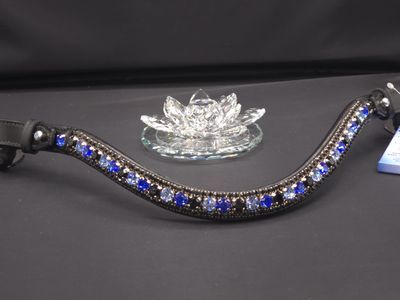 Sapphire, Lt. Sapp, Jet Black 3 Row 40SS (center) PRECIOSA Glass Crystal - Easy On/Off Crystal Rivet Button Closure BLACK Leather Browband