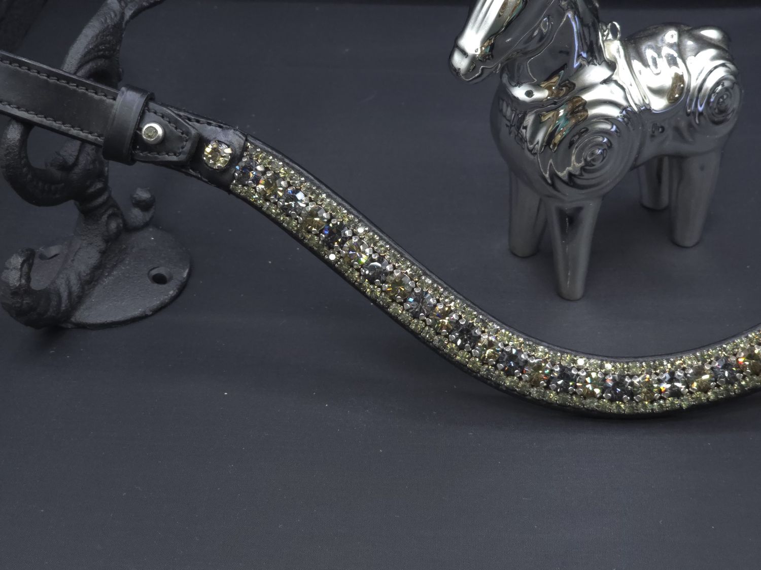 Black Diam, Black Velvet 3 Row 40SS (center) PRECIOSA Glass Crystal - Easy On/Off Crystal Rivet Button Closure BLACK Leather Browband