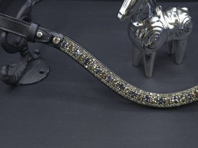 Black Diam, Black Velvet 3 Row 40SS (center) PRECIOSA Glass Crystal - Easy On/Off Crystal Rivet Button Closure BLACK Leather Browband