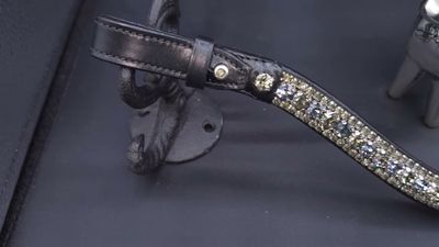 Black Diam, Black Velvet 3 Row 40SS (center) PRECIOSA Glass Crystal - Easy On/Off Crystal Rivet Button Closure BLACK Leather Browband