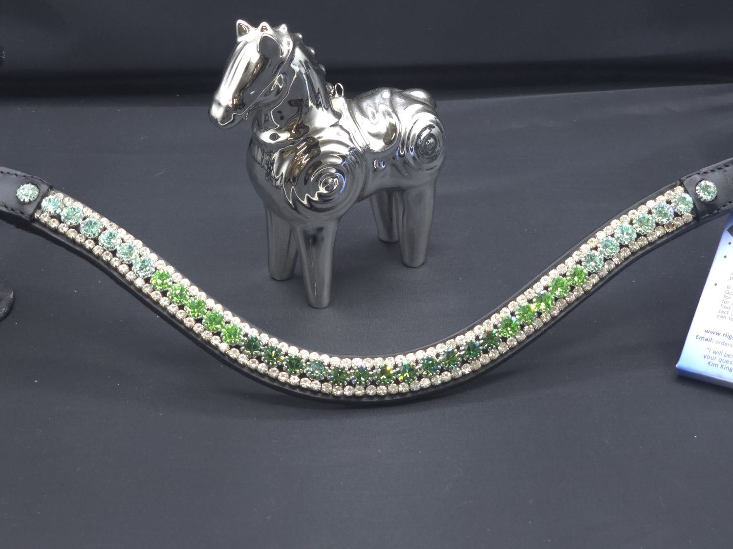 Ernite, Peridot, Chrysolite,  Clear 3 Row Ombre 40ss PRECIOSA Glass Crystal - Easy On/Off Snap Closure Black or Brown Leather Browband