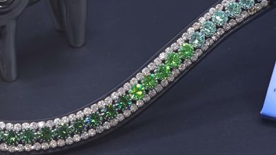 Erinite, Peridot, Chrysolite,  Clear 3 Row Ombre 40ss PRECIOSA Glass Crystal - Easy On/Off Snap Closure Black or Brown Leather Browband