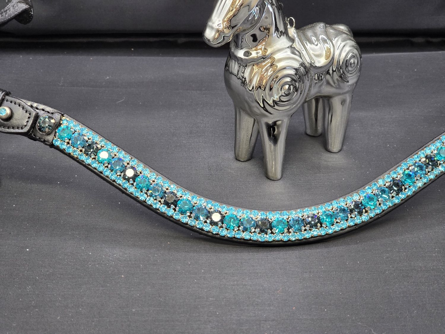 Montana, Indicolite, Blue Zircon Aquamarine 3 Row 40SS (center) PRECIOSA Glass Crystal - Easy On/Off Crystal Rivet Button Closure BLACK or BROWN Leather Browband