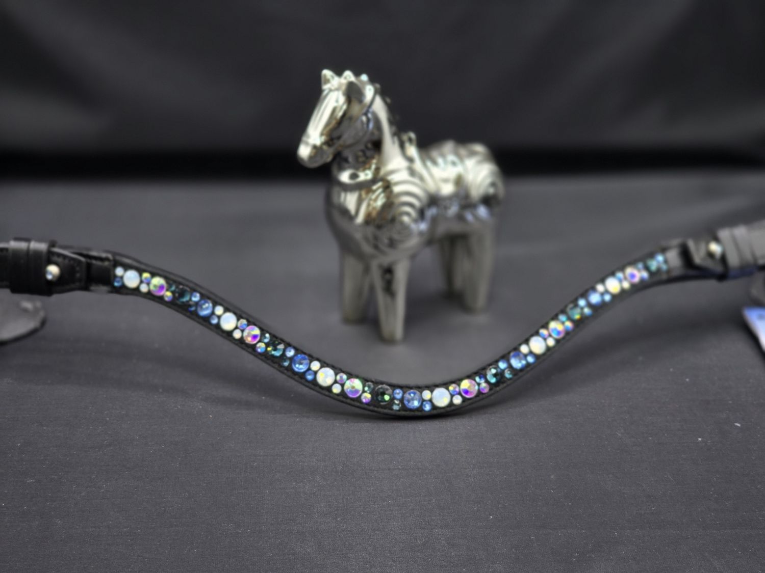 Lt. Sapphire, Montana, Opal and Iridescent Hot Fix “NO SNAG-Secure Stitch” Glass Crystal - Easy On/Off Crystal Rivet Button Closure BLACK or BROWN Leather Browband