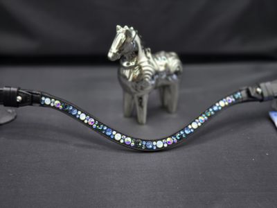Lt. Sapphire, Montana, Opal and Iridescent Hot Fix “NO SNAG-Secure Stitch” Glass Crystal - Easy On/Off Crystal Rivet Button Closure BLACK or BROWN Leather Browband