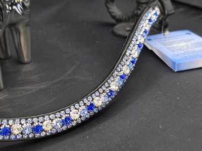 Sapphire, Lt Sapphire, Clear, Lt Sapphire - 3 Row PRECIOSA Glass Crystal Easy Snap On/Off – BLACK or BROWN Leather Browband
